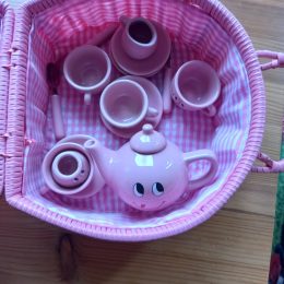 Pink Tea set in wicker case